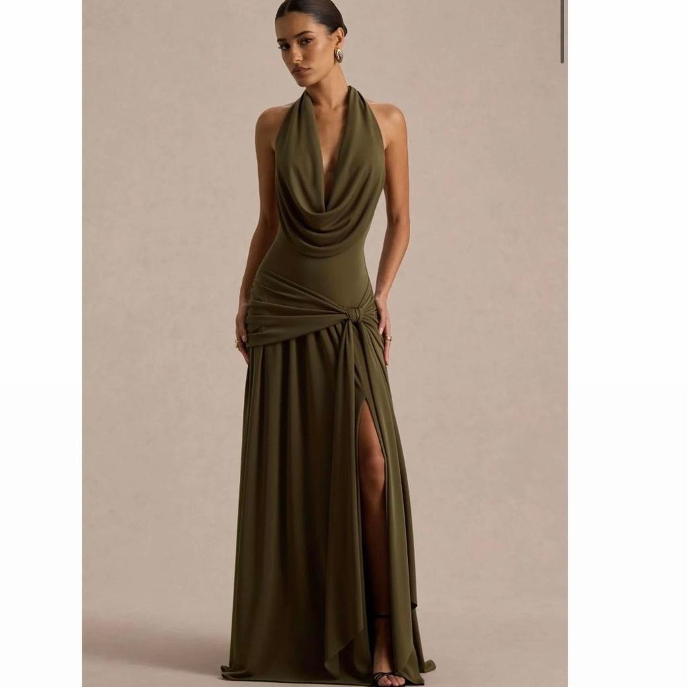 Club L London Olive Plunge-Neck Maxi Dress With Knot-Detail And Open-Back
